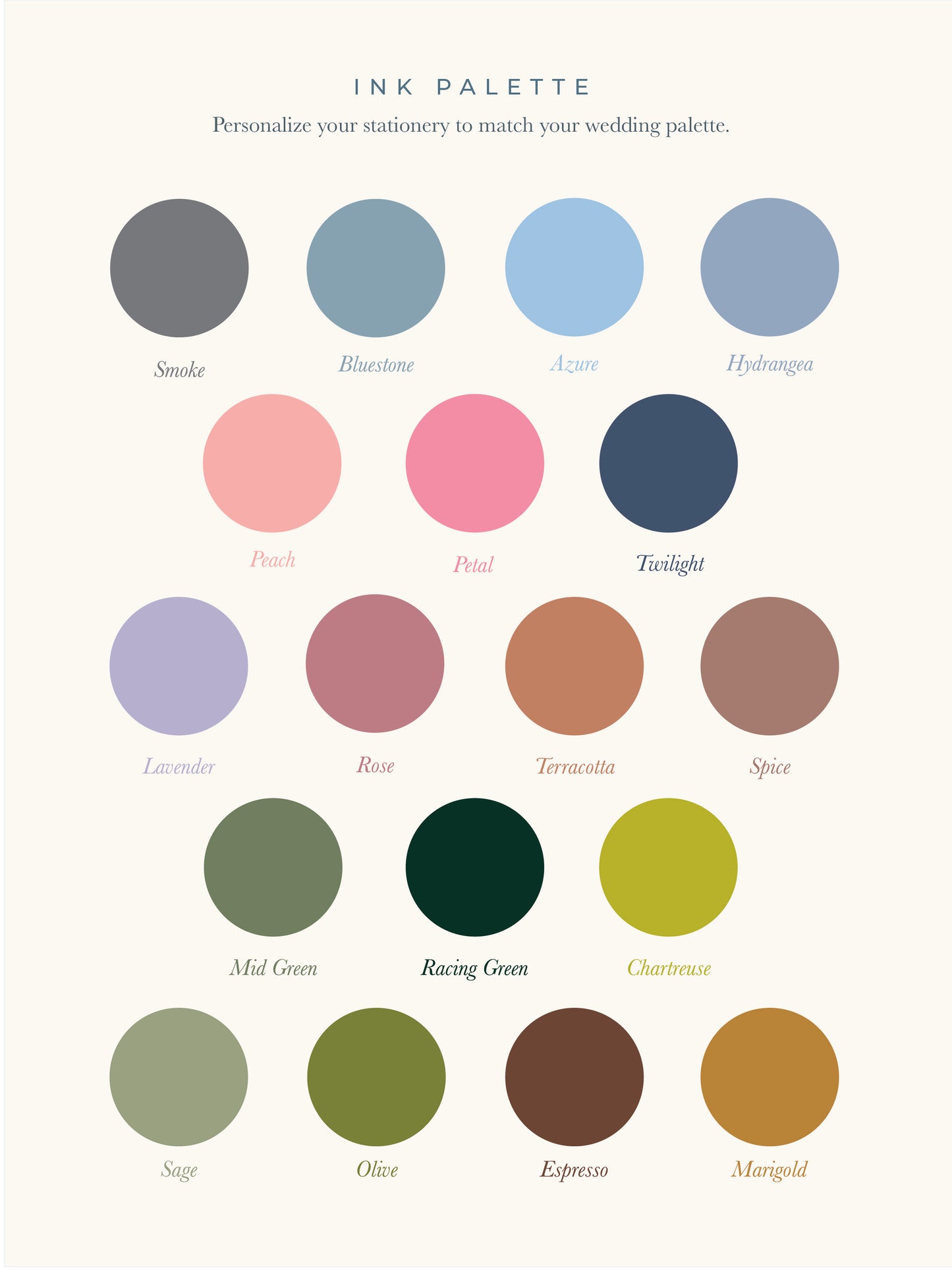Ink color palette with various shades for wedding stationery design.
