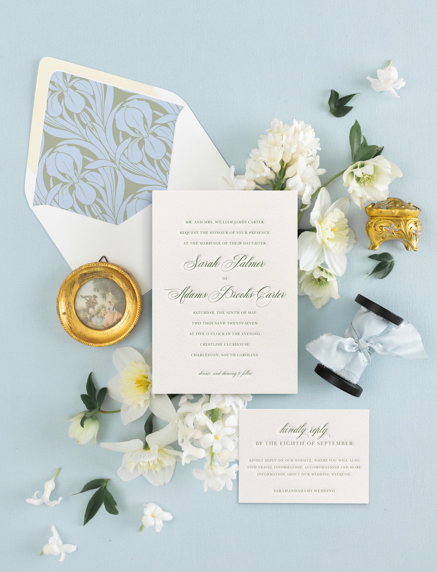 Letterpress wedding invitation with timeless script and RSVP card
