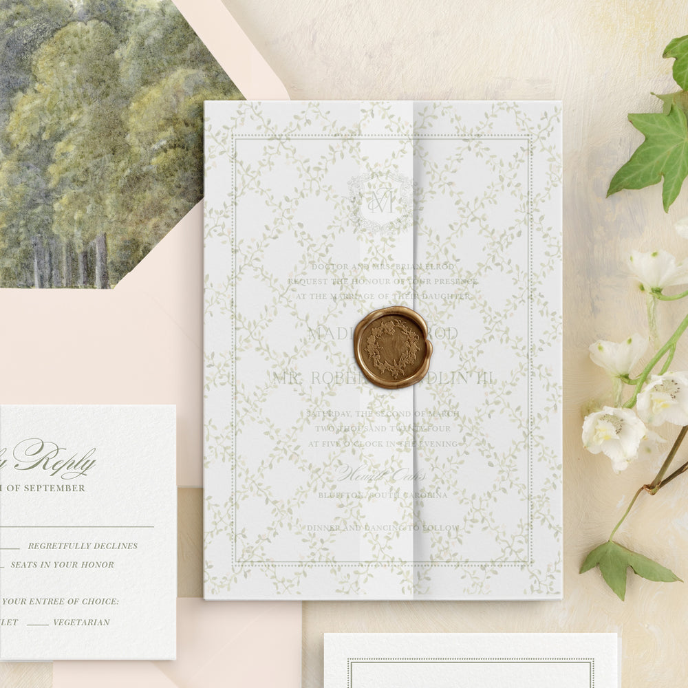 Elegant wedding invitation set with floral design vellum wrap with wax seal