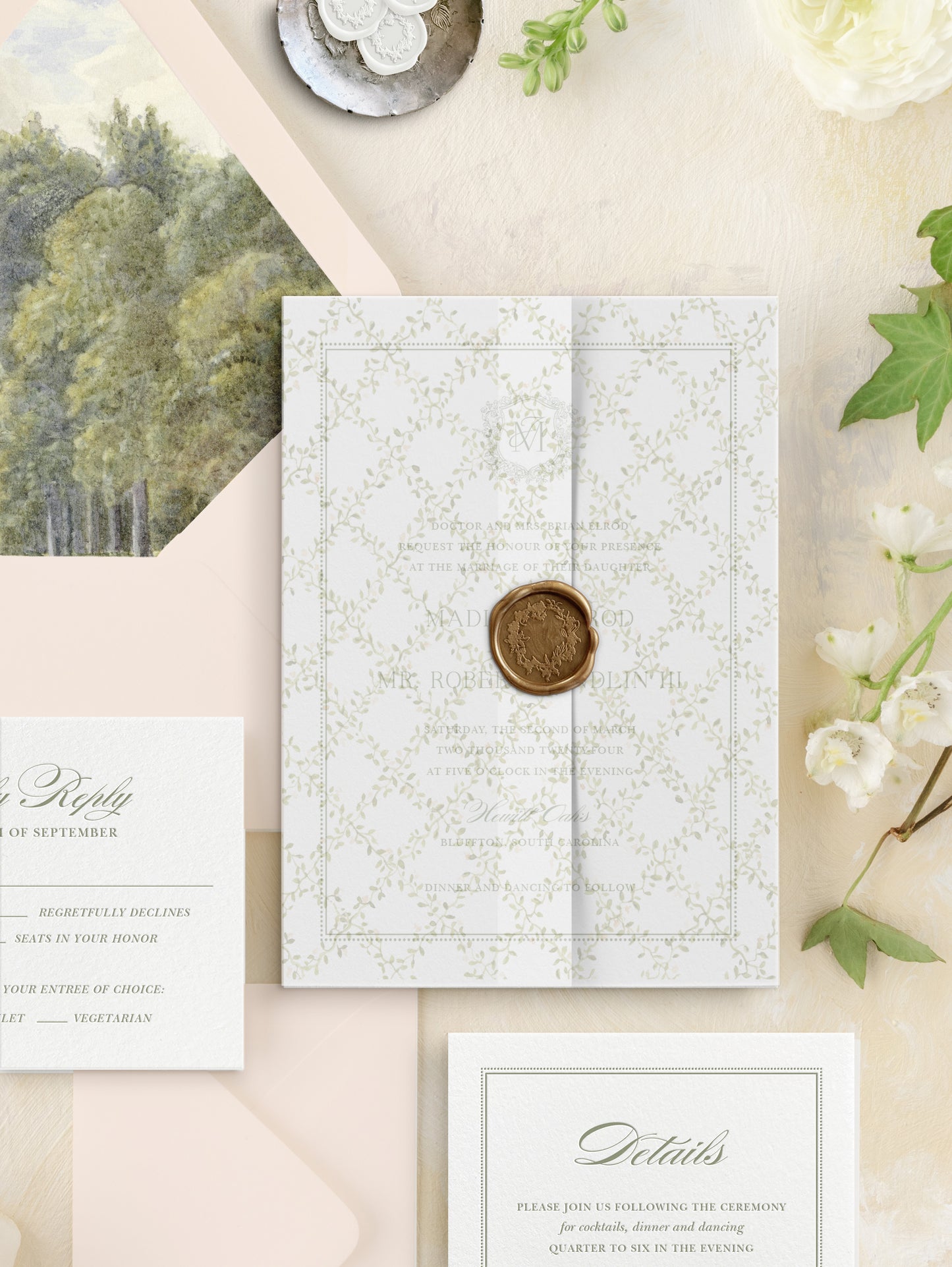 Elegant wedding invitation set with floral design vellum wrap with wax seal
