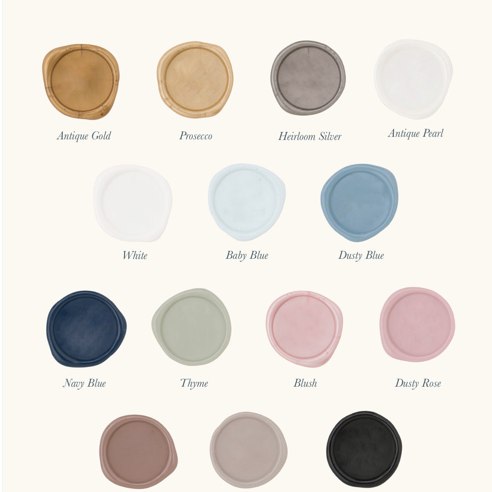 Wax seal color swatches with labels on a white background