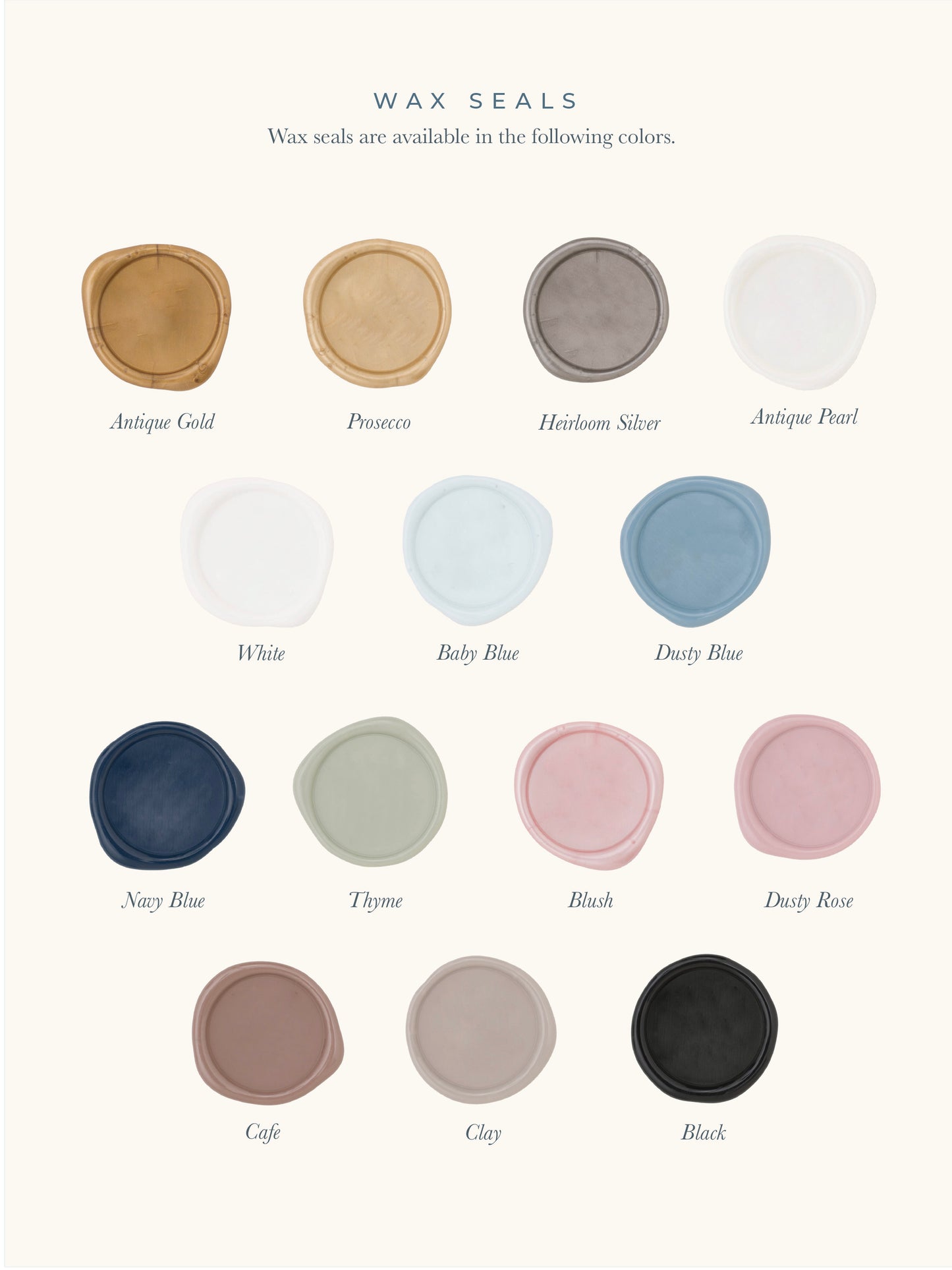 Wax seal color swatches with labels on a white background